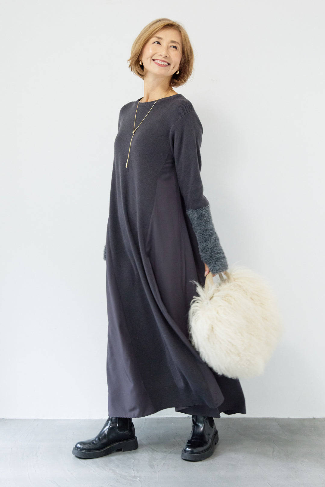 シャギースリーブ布帛切替ワンピース