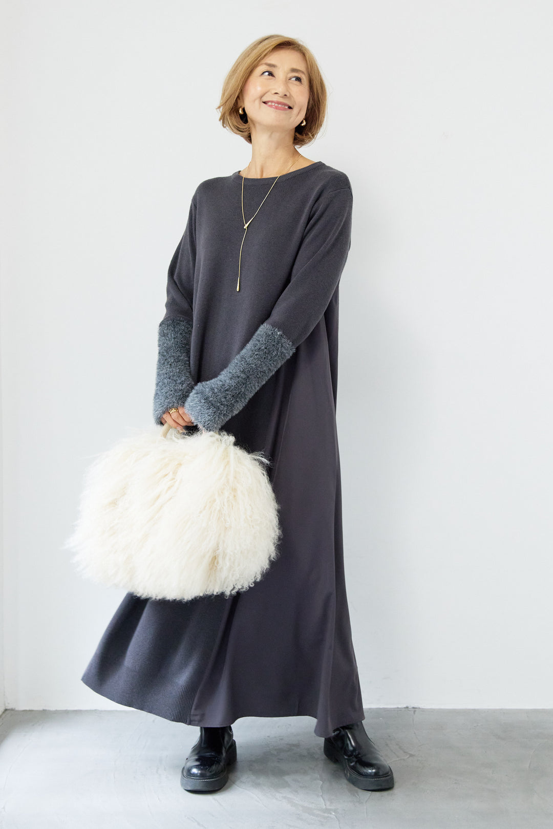 シャギースリーブ布帛切替ワンピース