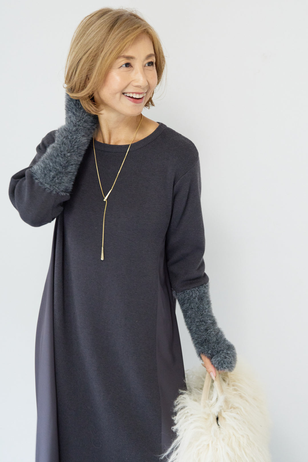 シャギースリーブ布帛切替ワンピース