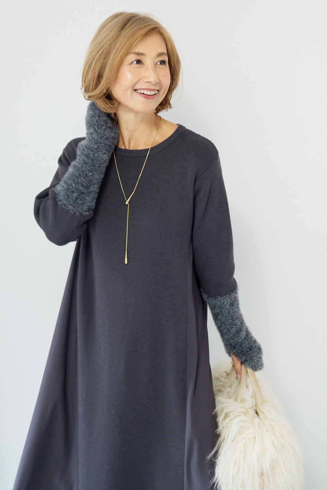 シャギースリーブ布帛切替ワンピース