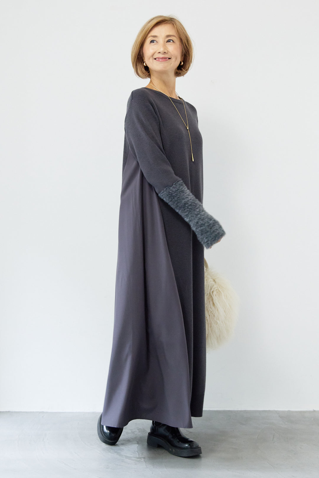 シャギースリーブ布帛切替ワンピース