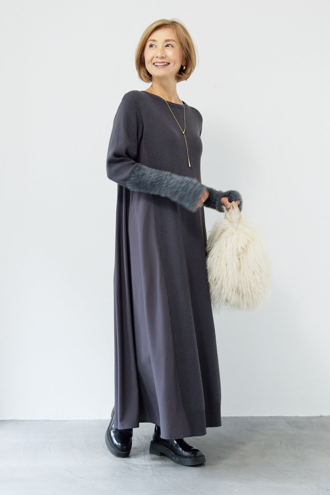 シャギースリーブ布帛切替ワンピース