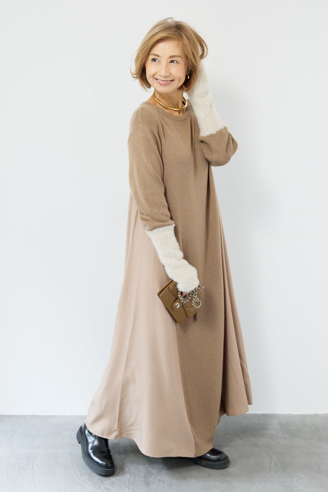 シャギースリーブ布帛切替ワンピース