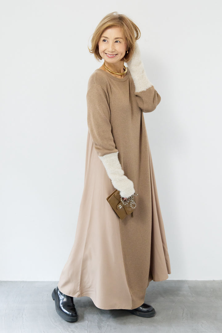 シャギースリーブ布帛切替ワンピース