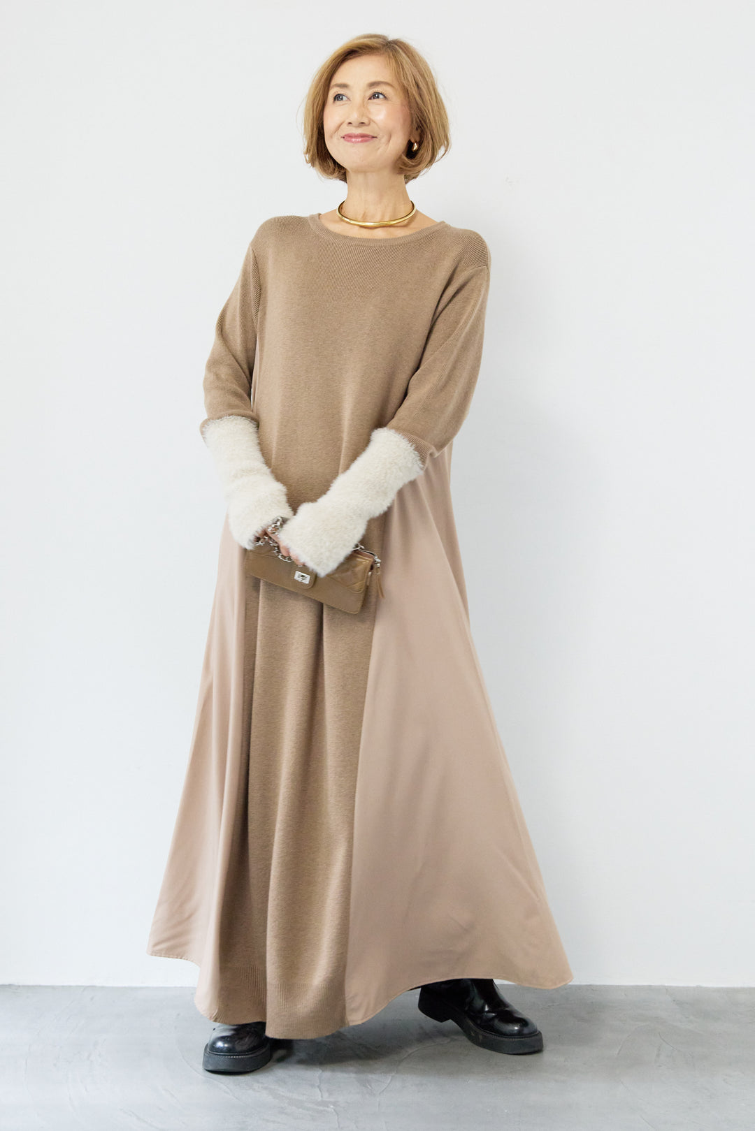 シャギースリーブ布帛切替ワンピース