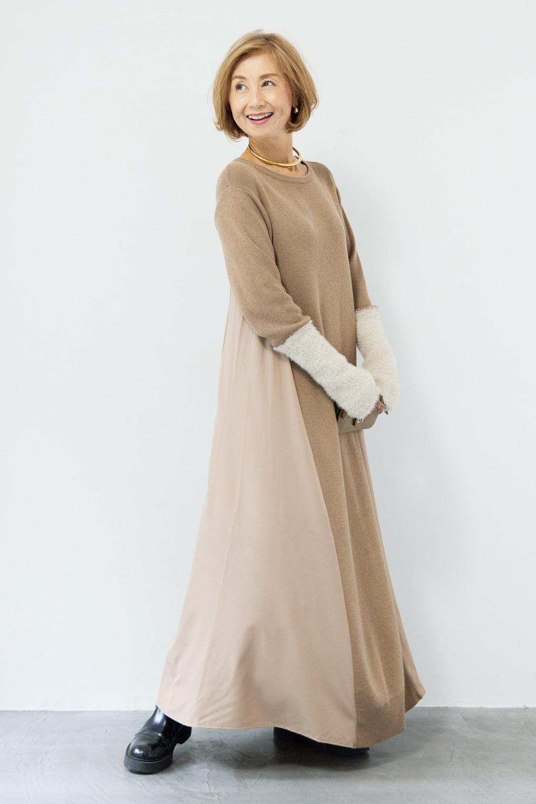 シャギースリーブ布帛切替ワンピース