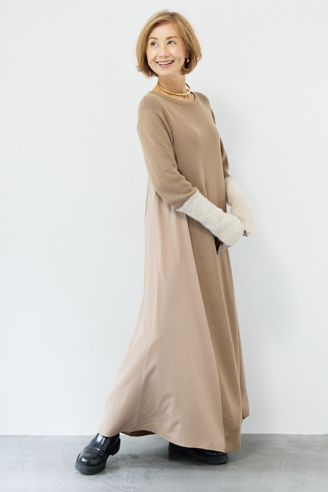 シャギースリーブ布帛切替ワンピース