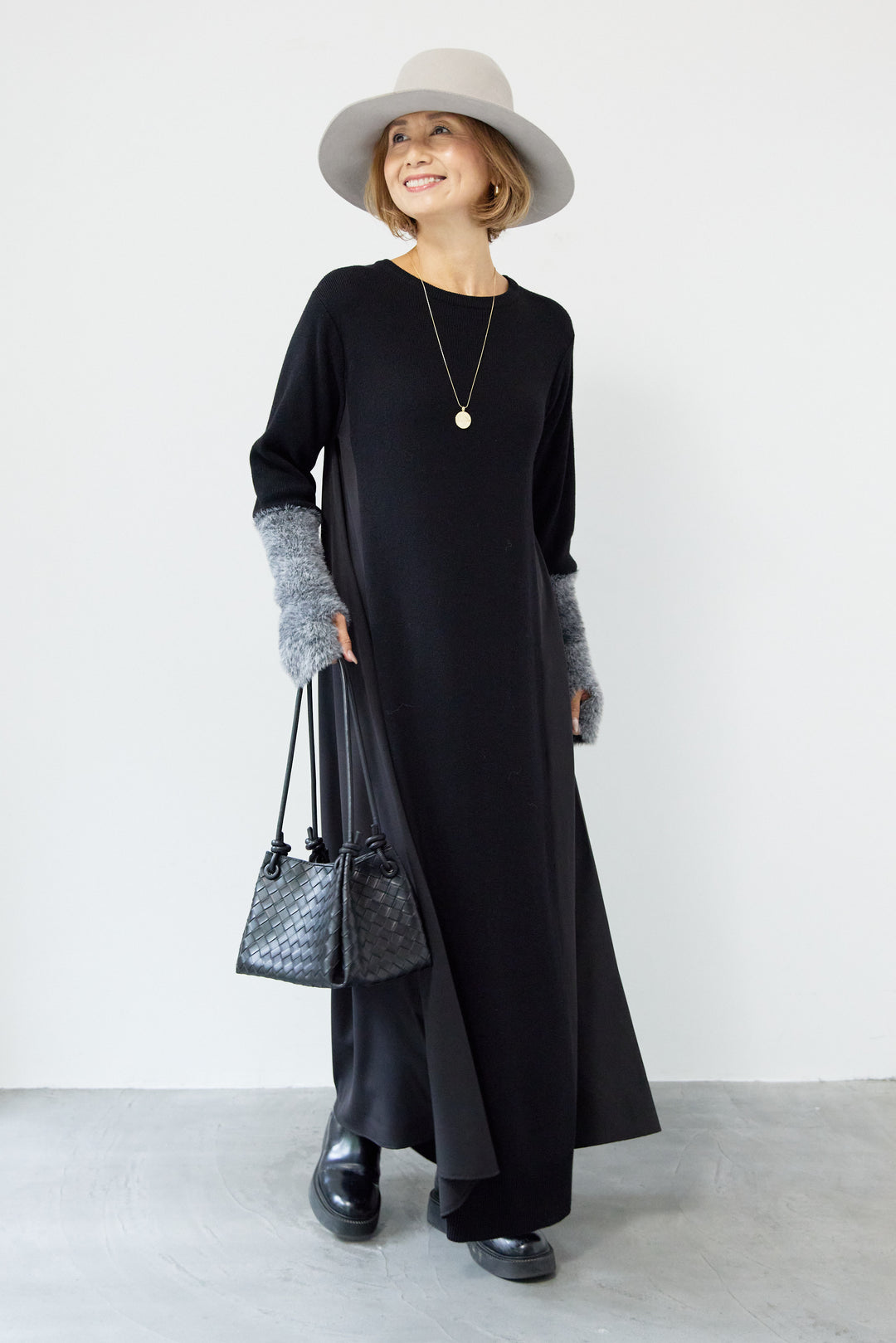 シャギースリーブ布帛切替ワンピース