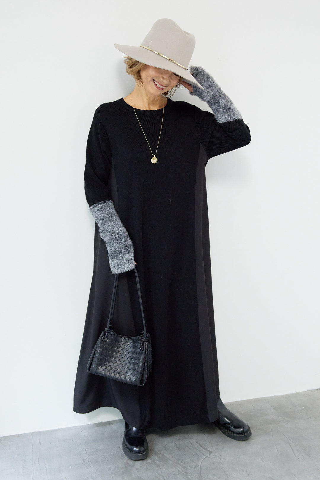 シャギースリーブ布帛切替ワンピース