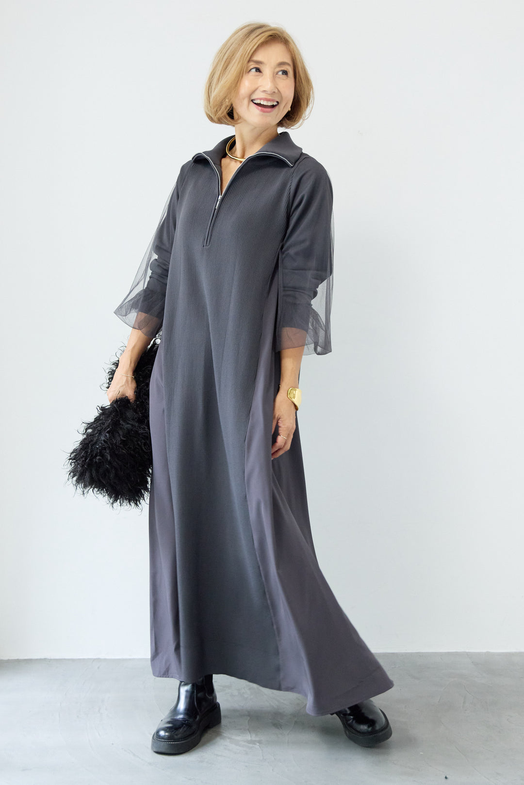 チュールスリーブニットワンピース