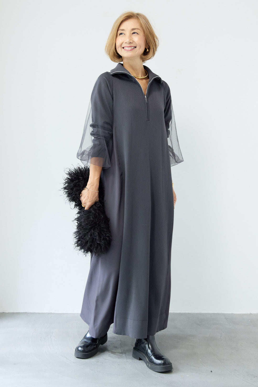 チュールスリーブニットワンピース