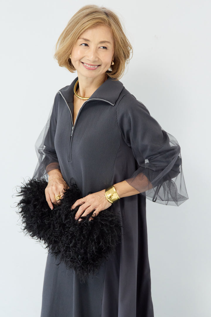 チュールスリーブニットワンピース