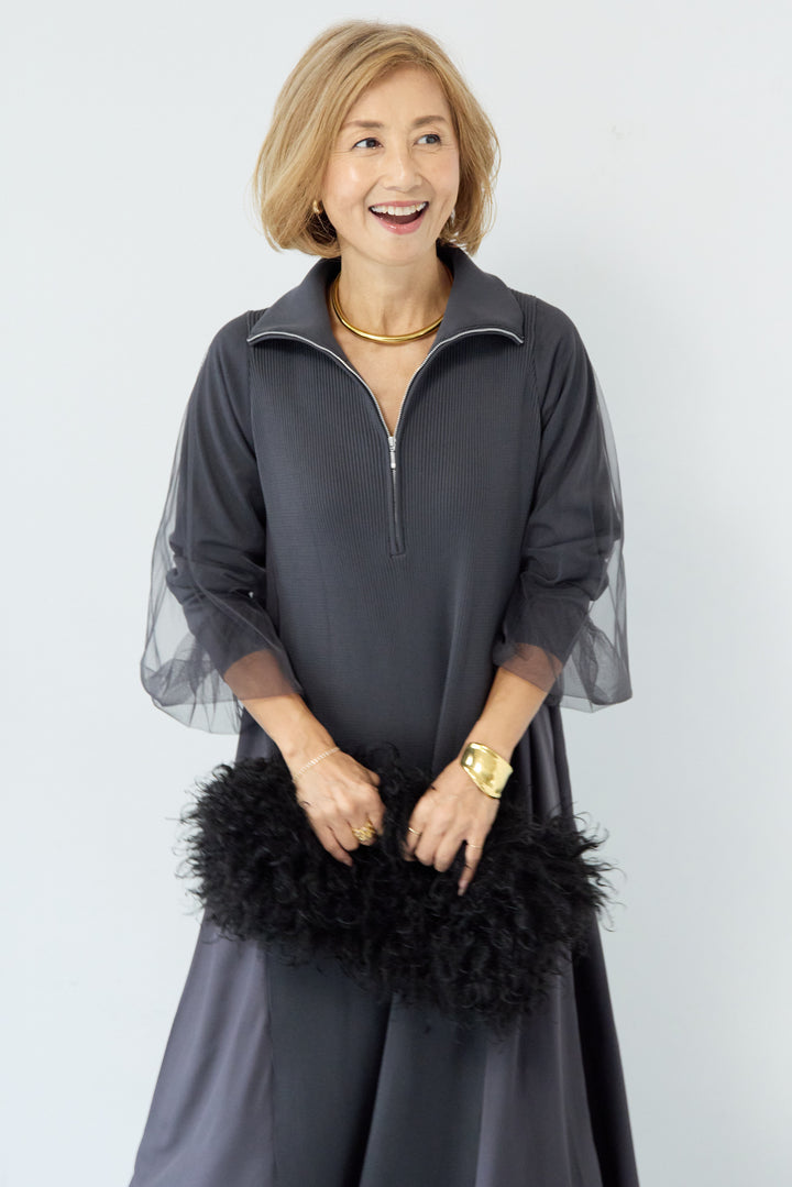 チュールスリーブニットワンピース