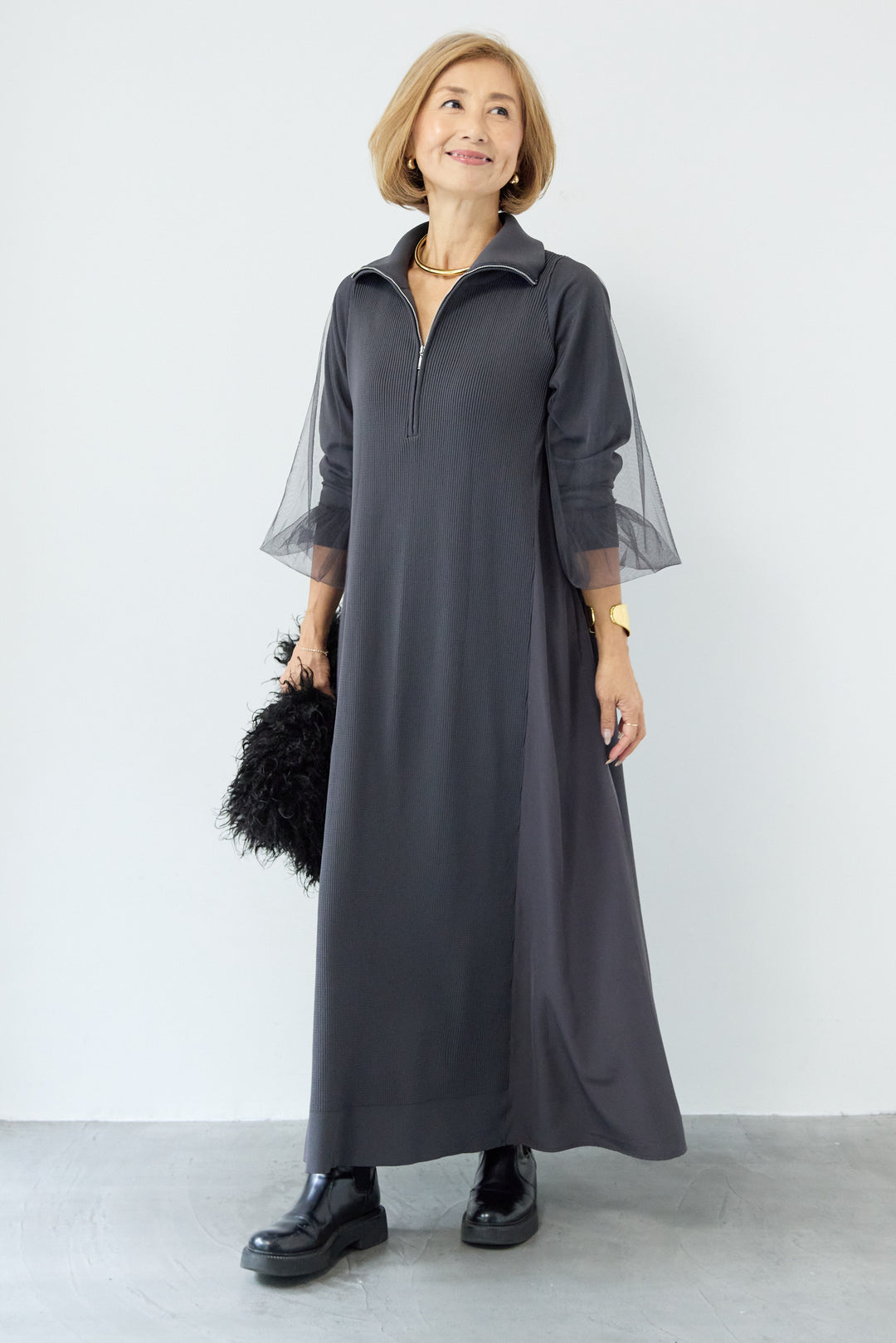 チュールスリーブニットワンピース