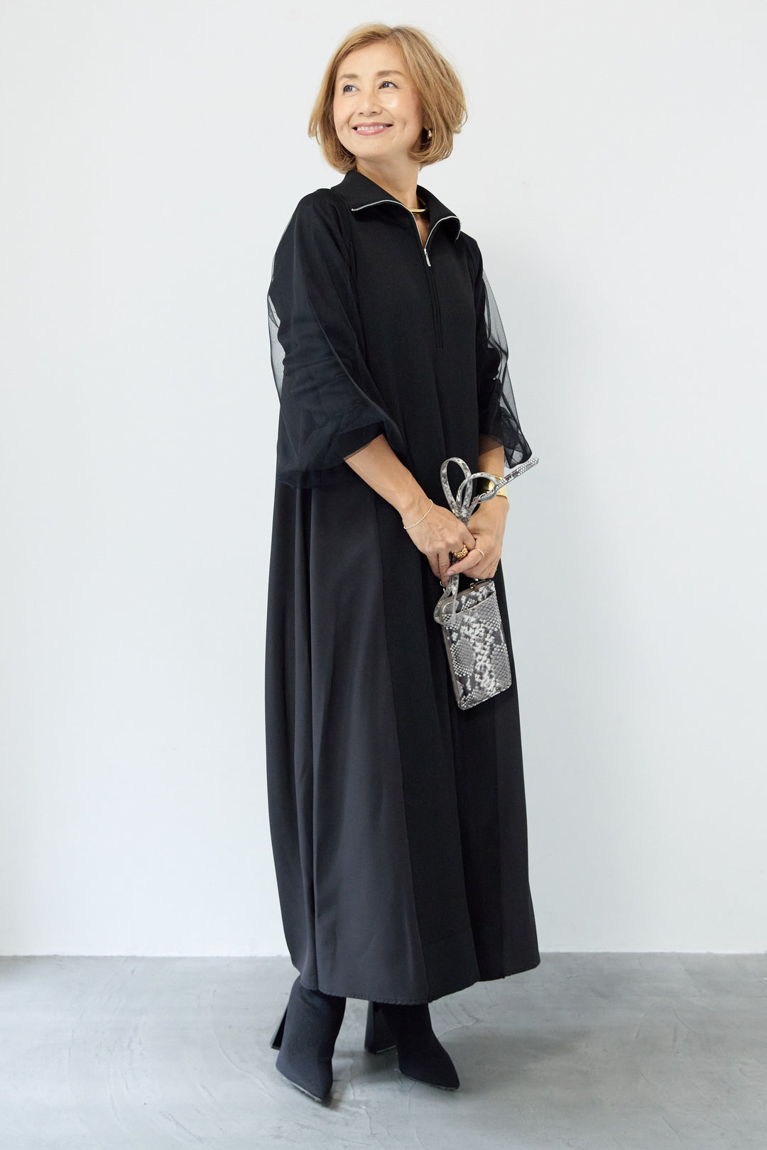 チュールスリーブニットワンピース