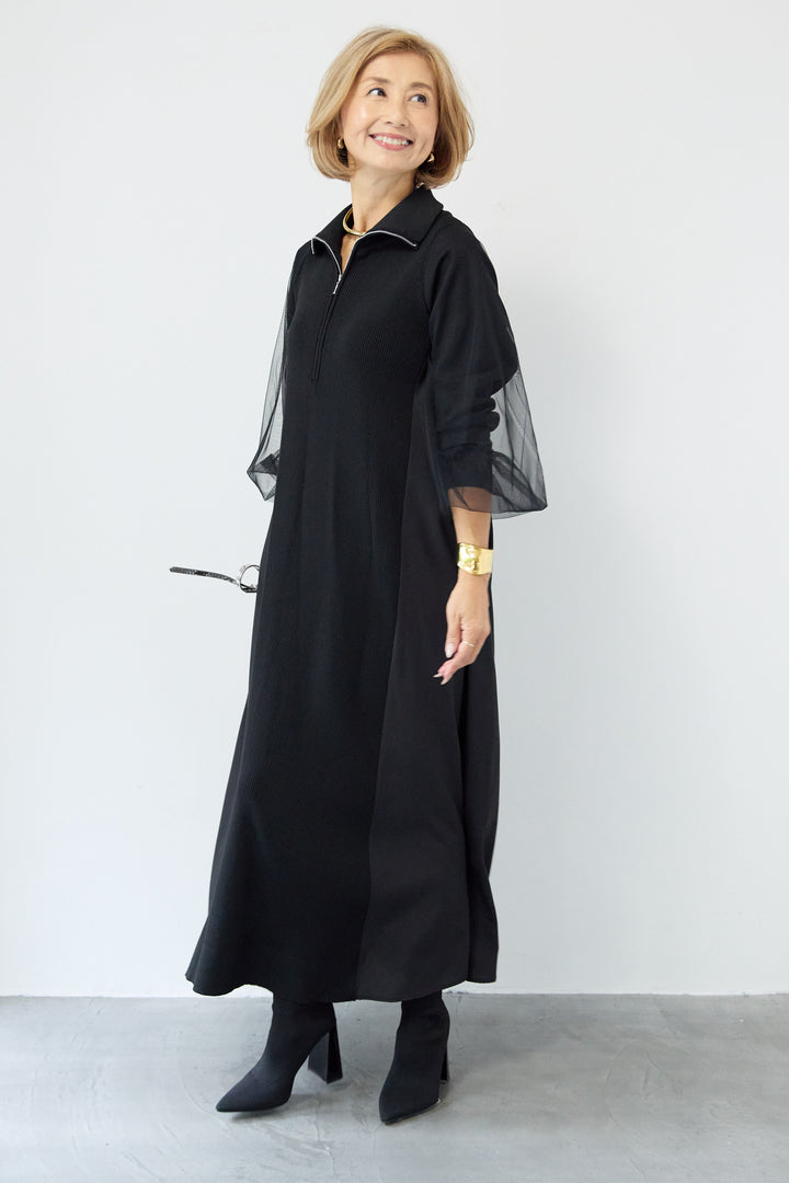 チュールスリーブニットワンピース