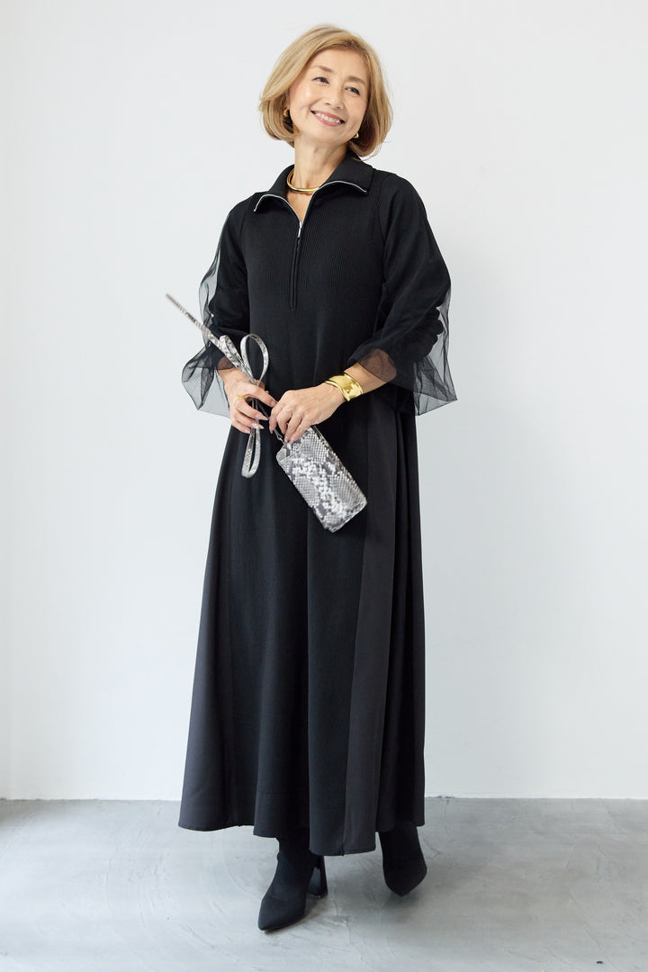 チュールスリーブニットワンピース