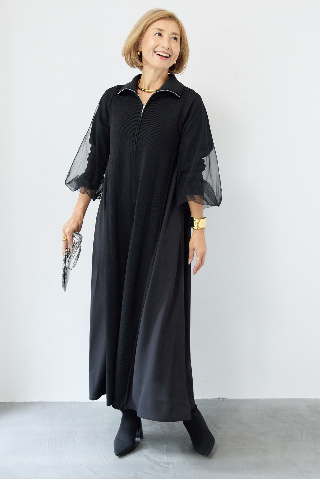 チュールスリーブニットワンピース