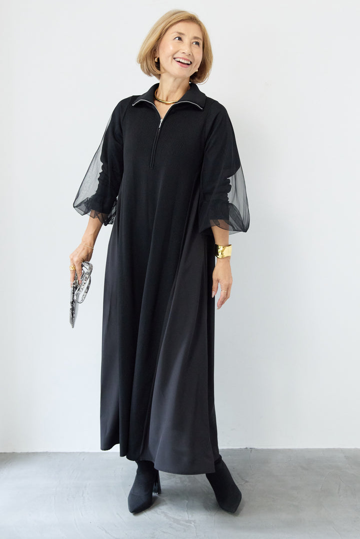 チュールスリーブニットワンピース