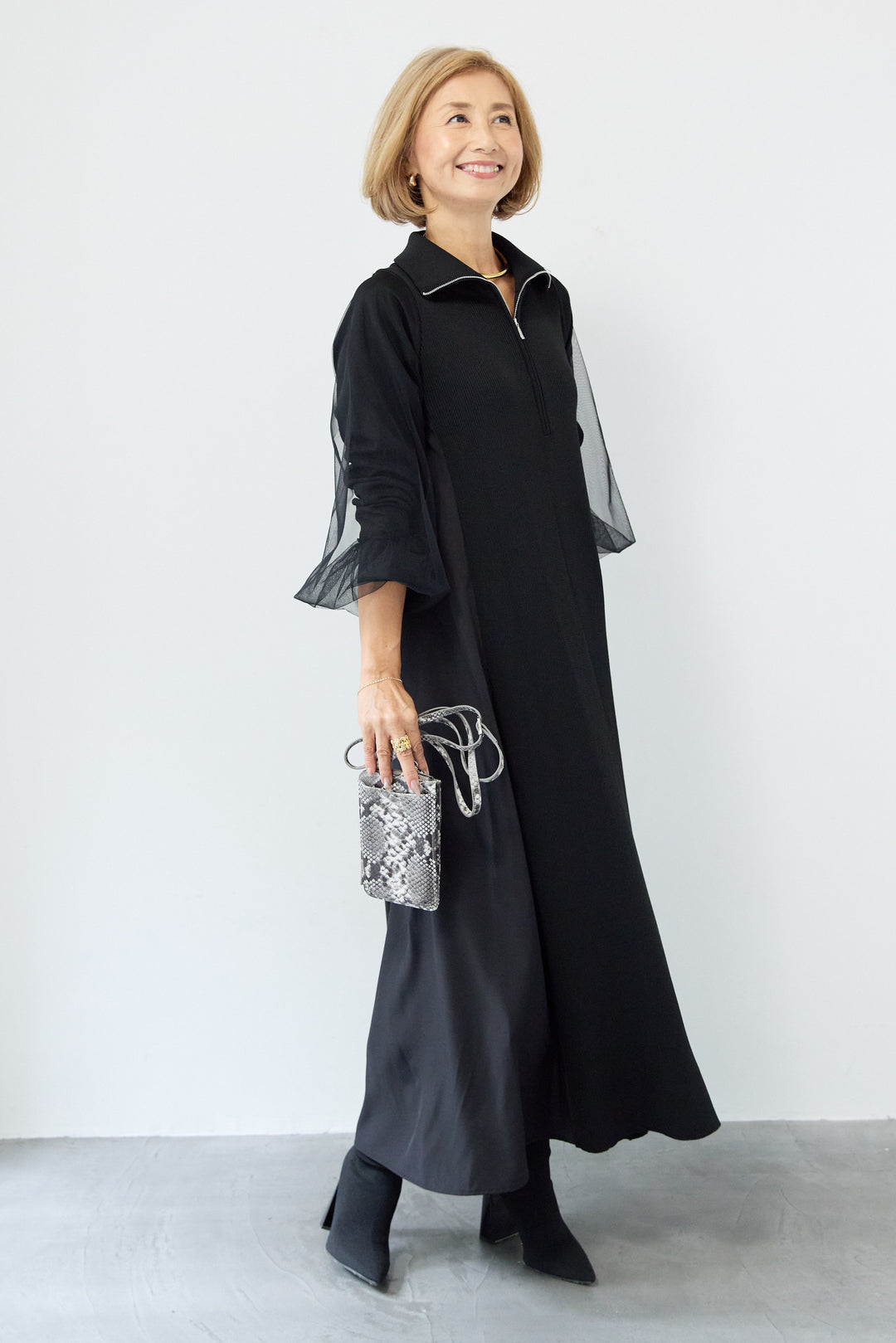 チュールスリーブニットワンピース