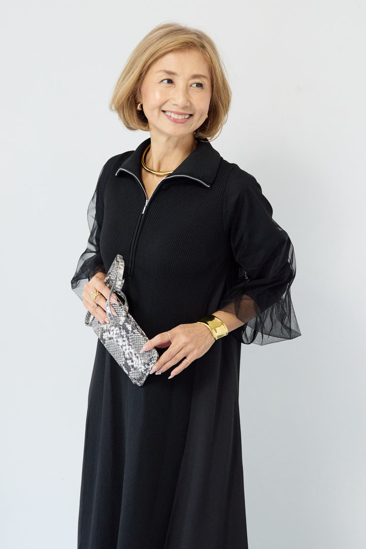 チュールスリーブニットワンピース