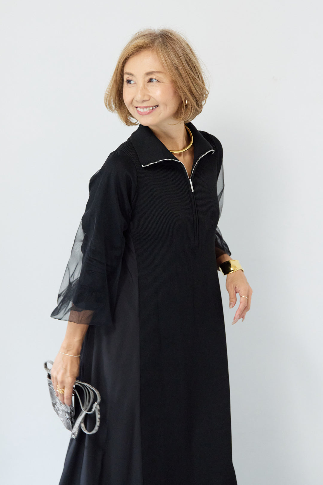 チュールスリーブニットワンピース