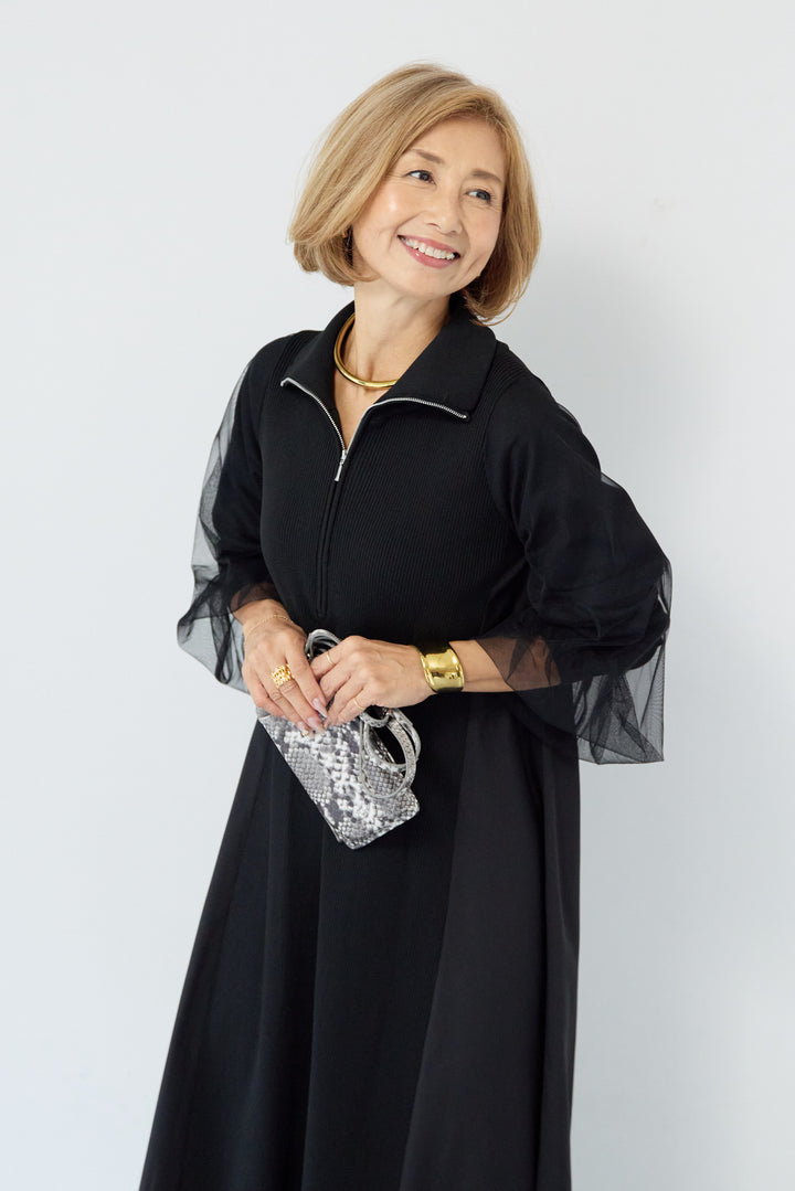 チュールスリーブニットワンピース