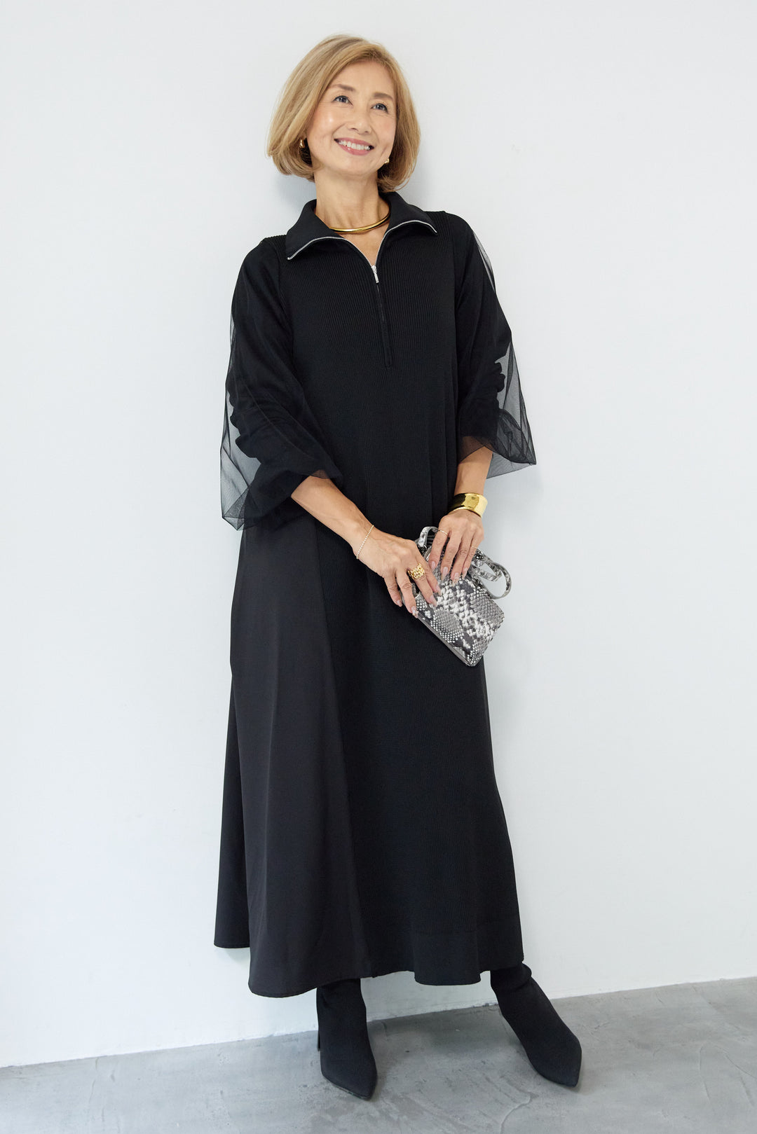 チュールスリーブニットワンピース