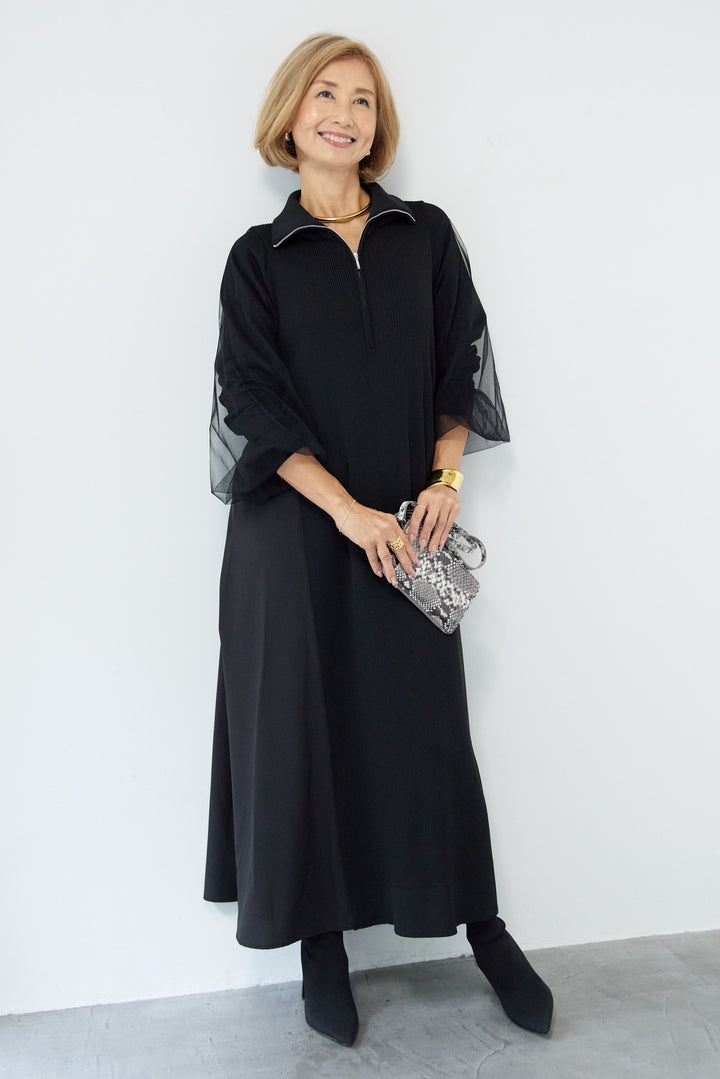 チュールスリーブニットワンピース