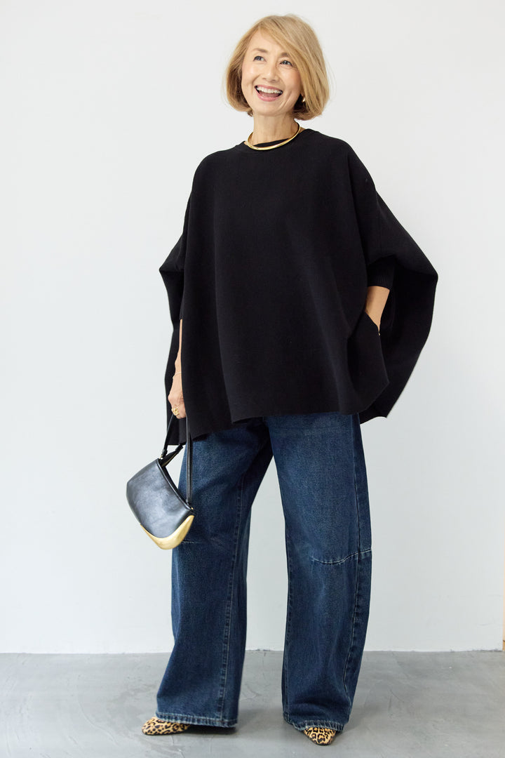 [SET]ウォッシャブルポンチョニット+カーブデニムパンツ(2set)