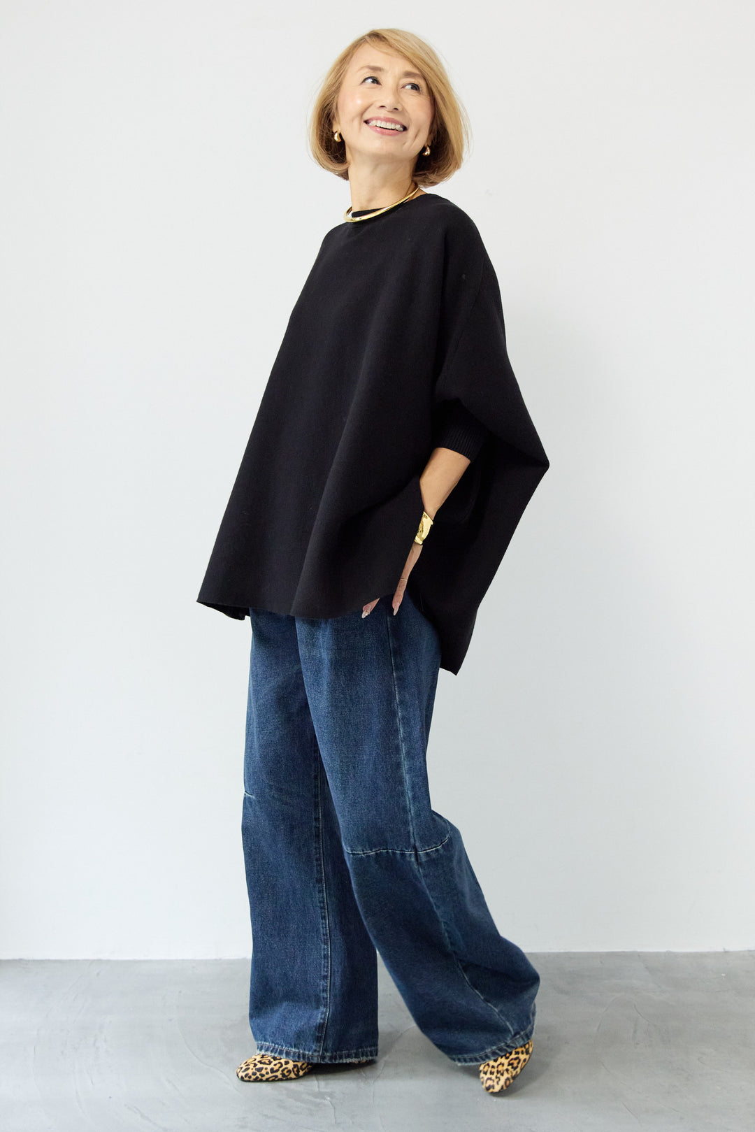 [SET]ウォッシャブルポンチョニット+カーブデニムパンツ(2set)