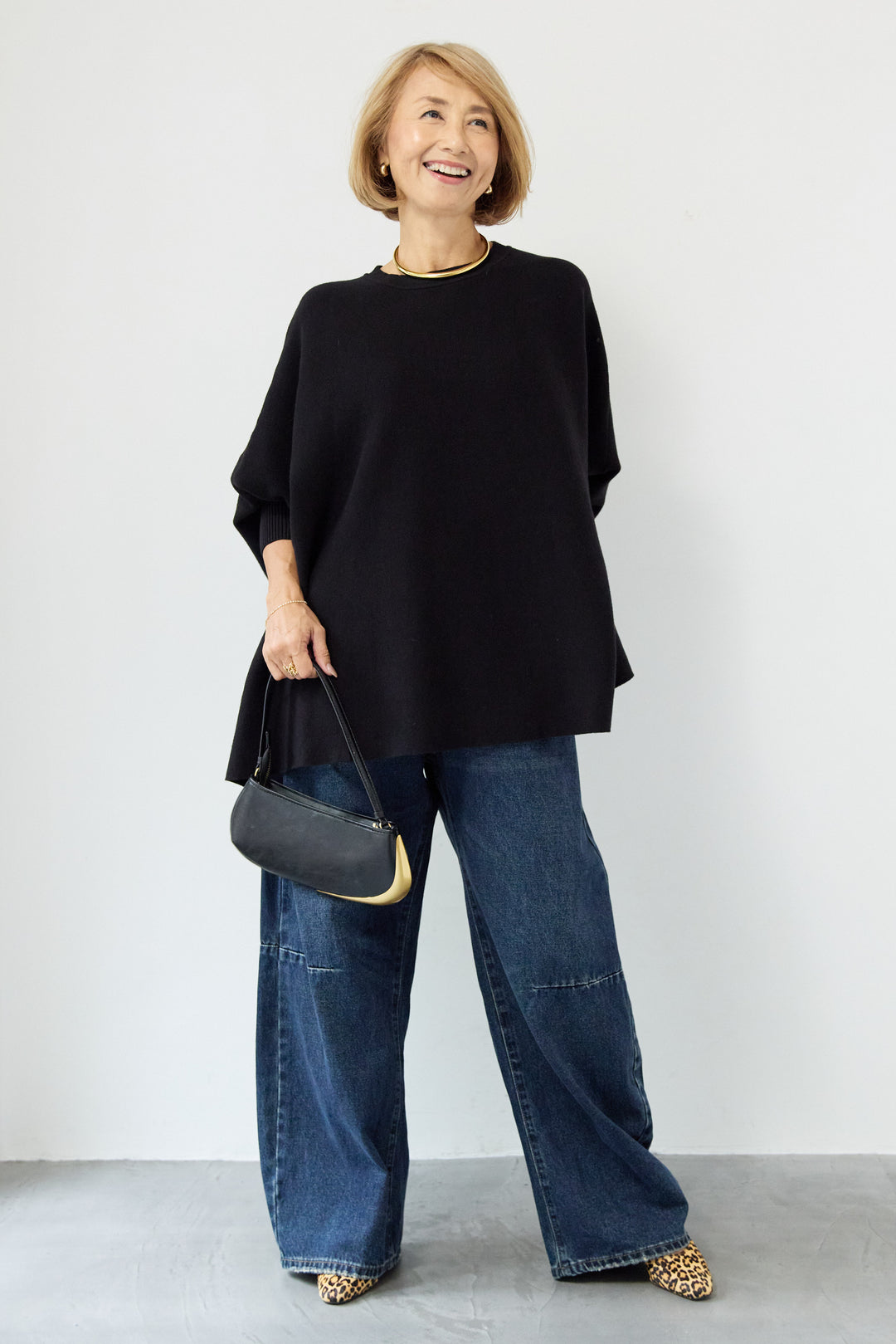 [SET]ウォッシャブルポンチョニット+カーブデニムパンツ(2set)