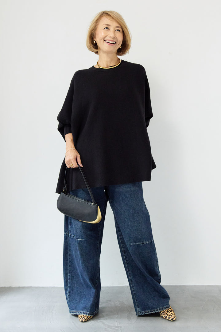 [SET]ウォッシャブルポンチョニット+カーブデニムパンツ(2set)