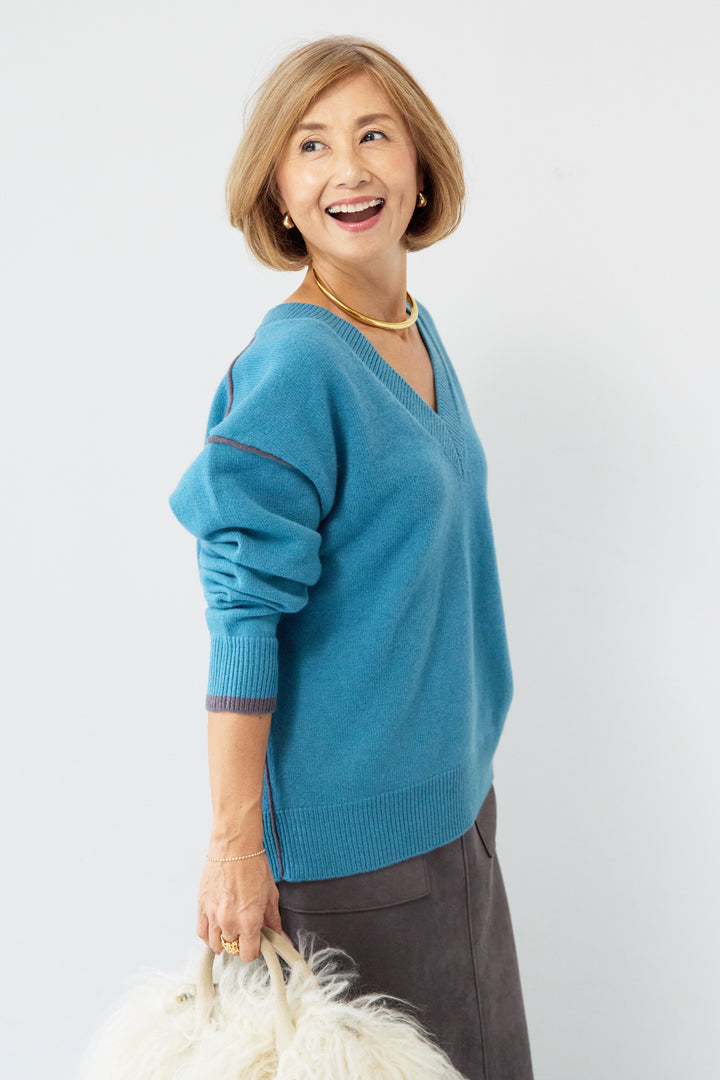 配色パイピングウールニット