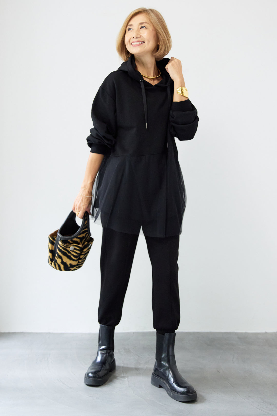 裏毛×チュールフーディプルオーバー