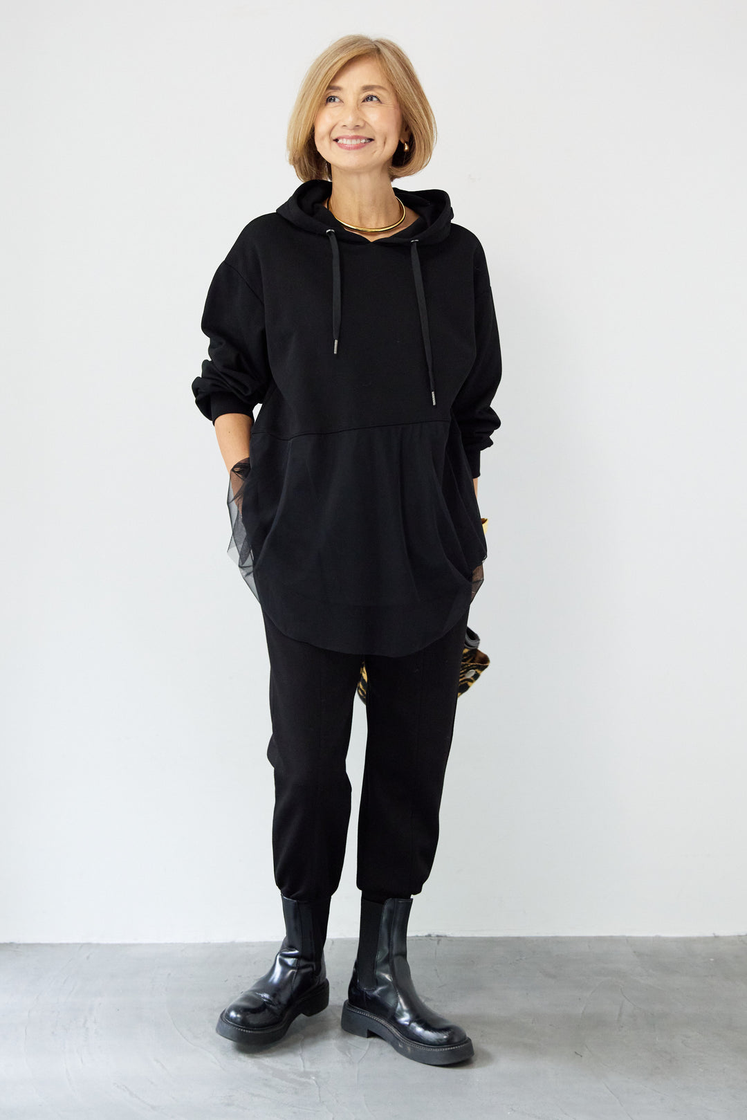 裏毛×チュールフーディプルオーバー