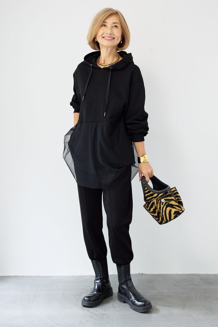 裏毛×チュールフーディプルオーバー