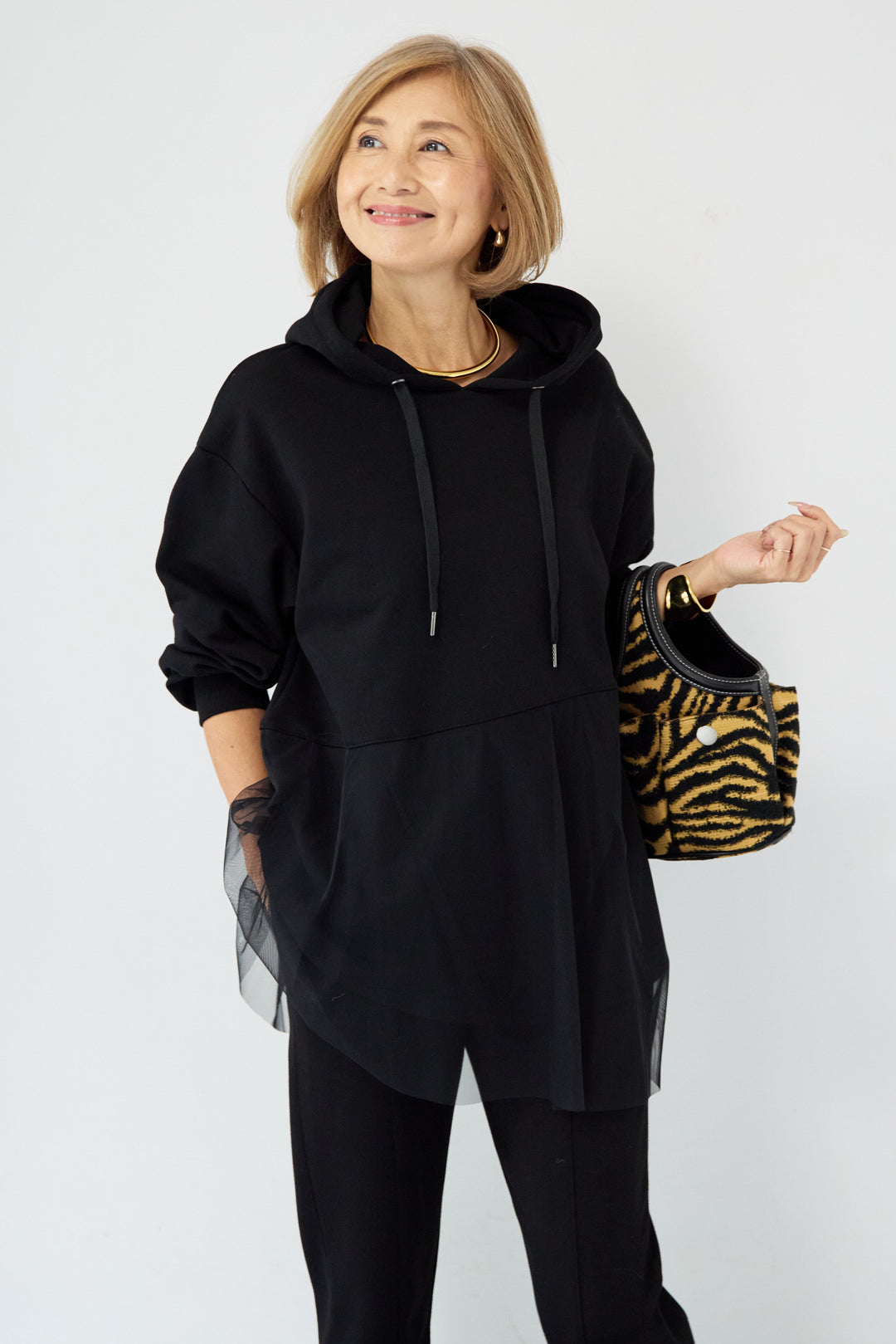 裏毛×チュールフーディプルオーバー