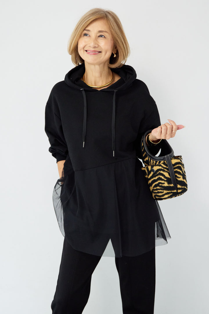 裏毛×チュールフーディプルオーバー