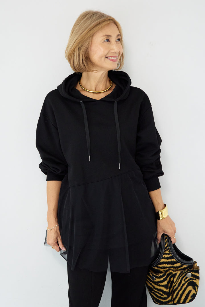 裏毛×チュールフーディプルオーバー