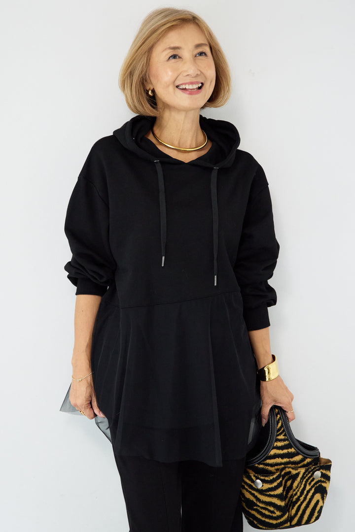 裏毛×チュールフーディプルオーバー