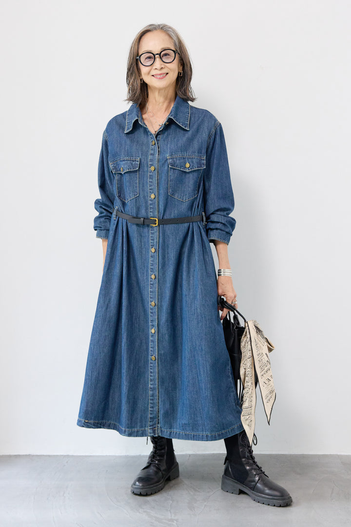 ウエストベルトデニムワンピース