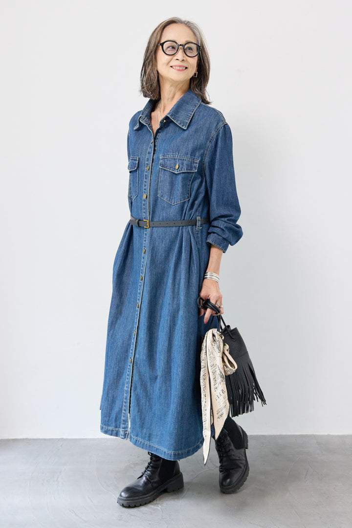 ウエストベルトデニムワンピース