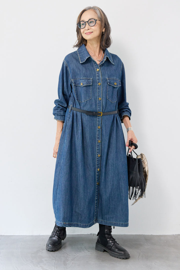 ウエストベルトデニムワンピース