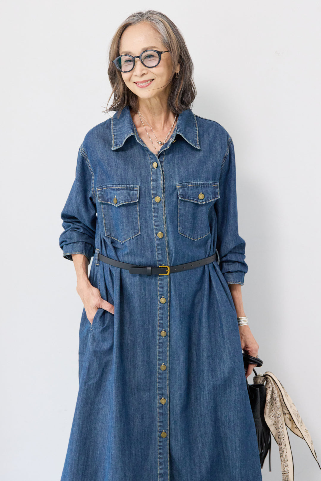 ウエストベルトデニムワンピース