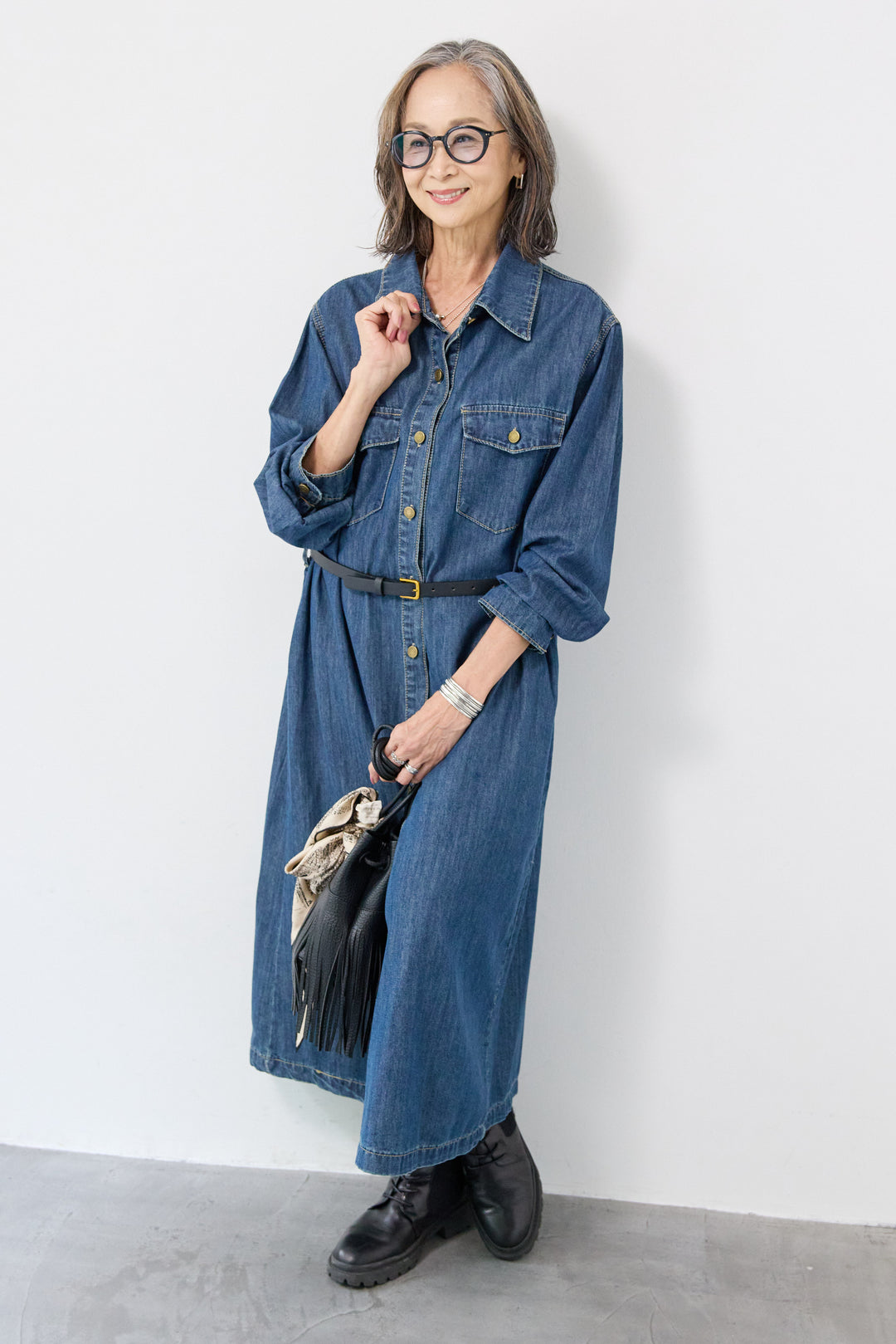 ウエストベルトデニムワンピース