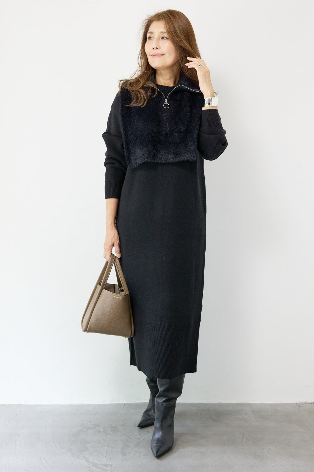 シャギーベスト付ニットワンピース