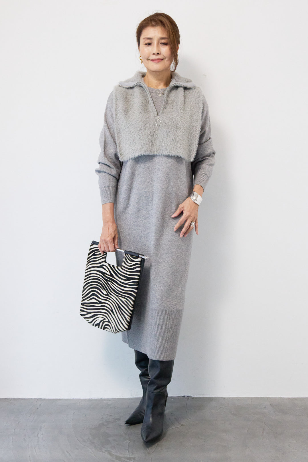 シャギーベスト付ニットワンピース