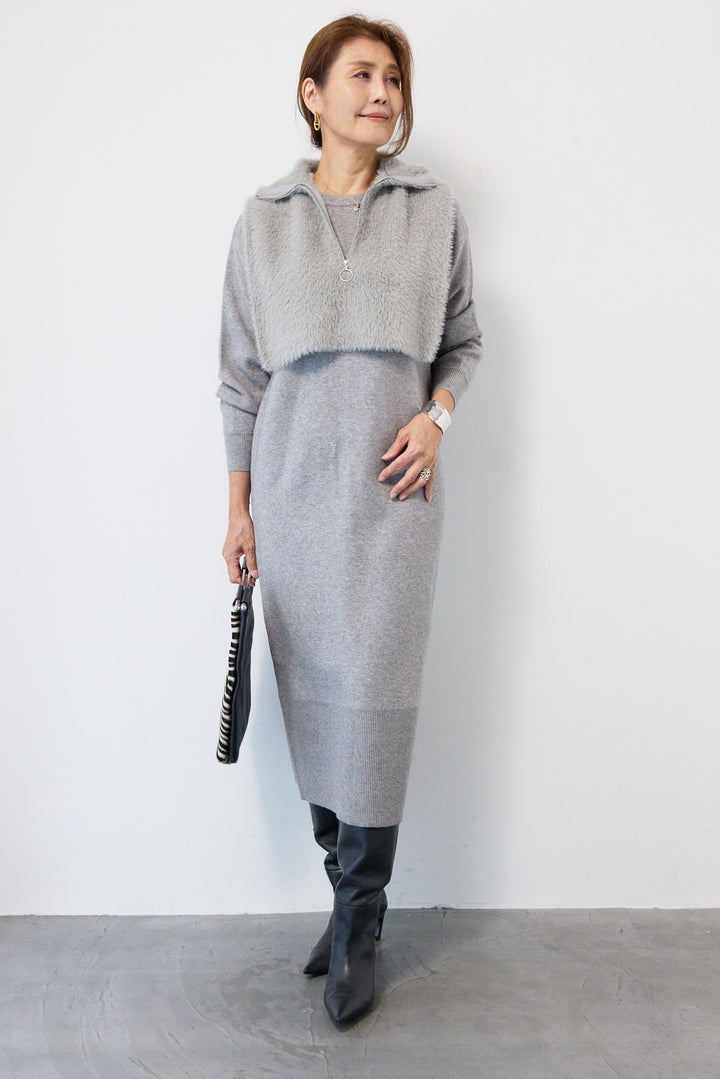 シャギーベスト付ニットワンピース