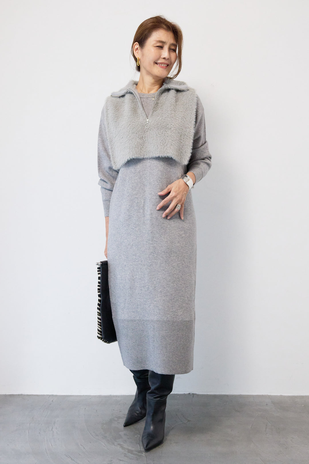 シャギーベスト付ニットワンピース